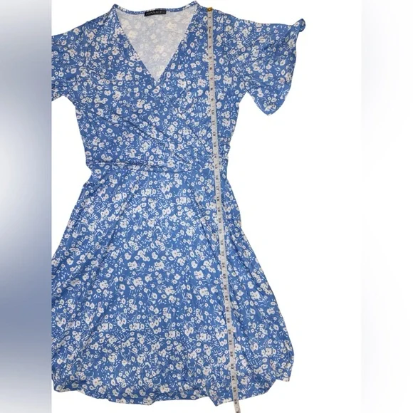 Fensace Blue Floral Sundress Midi V-neck wrap Dress - Picture 9 of 9